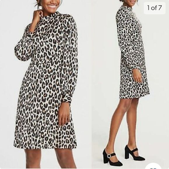 Ann Taylor Leopard Print Dress Spotted Mock Neck Size 6 NWOT - Picture 1 of 6